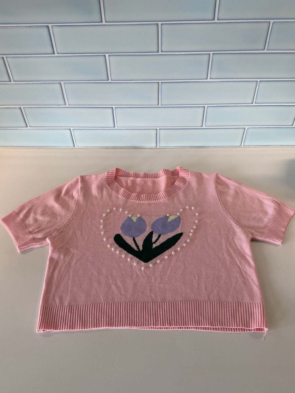 Pink Short Sleeve Knit Crop sweater with Pearl Heart and Tulip Graphic